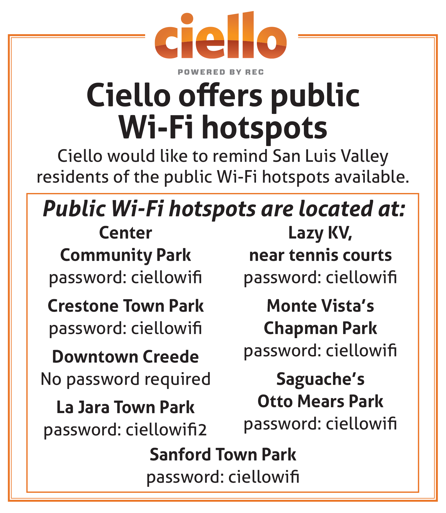 List of Ciello Wi-Fi hotspots